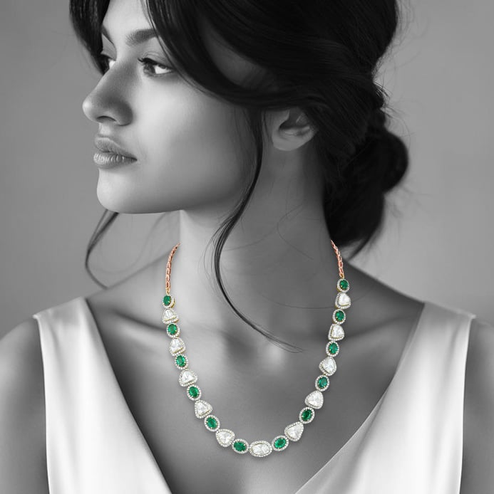 Oval Emerald Necklace with Unshaped Polki & Diamond Halo Borders